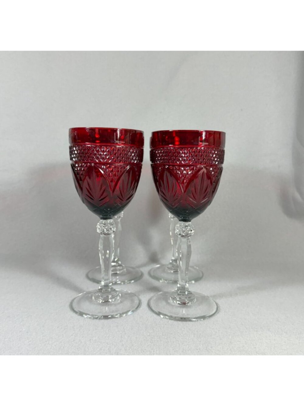 Vintage Ruby Cut to Clear Crystal Goblets Set of 4 Clear Stem Wine Glasses 8.25" - Picture 3 of 9